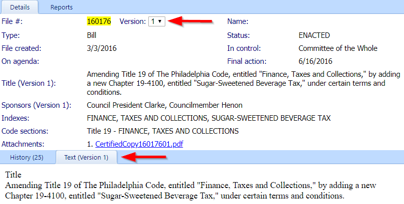 Details view Bill 160176 with arrows to different versions