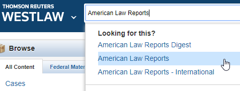 Westlaw search for American Law Reports