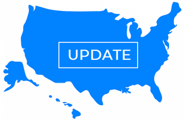 Blue image of the United States on a white background. The word UPDATE is blazed across the center.